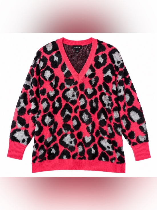 torrid Sweaters - Torrid Neon Pink Leopard Print Fuzzy Sweater Size 3 Soft Eyelash Knit V-Neck